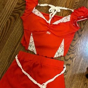 Gang Young soft red ribbed short set S